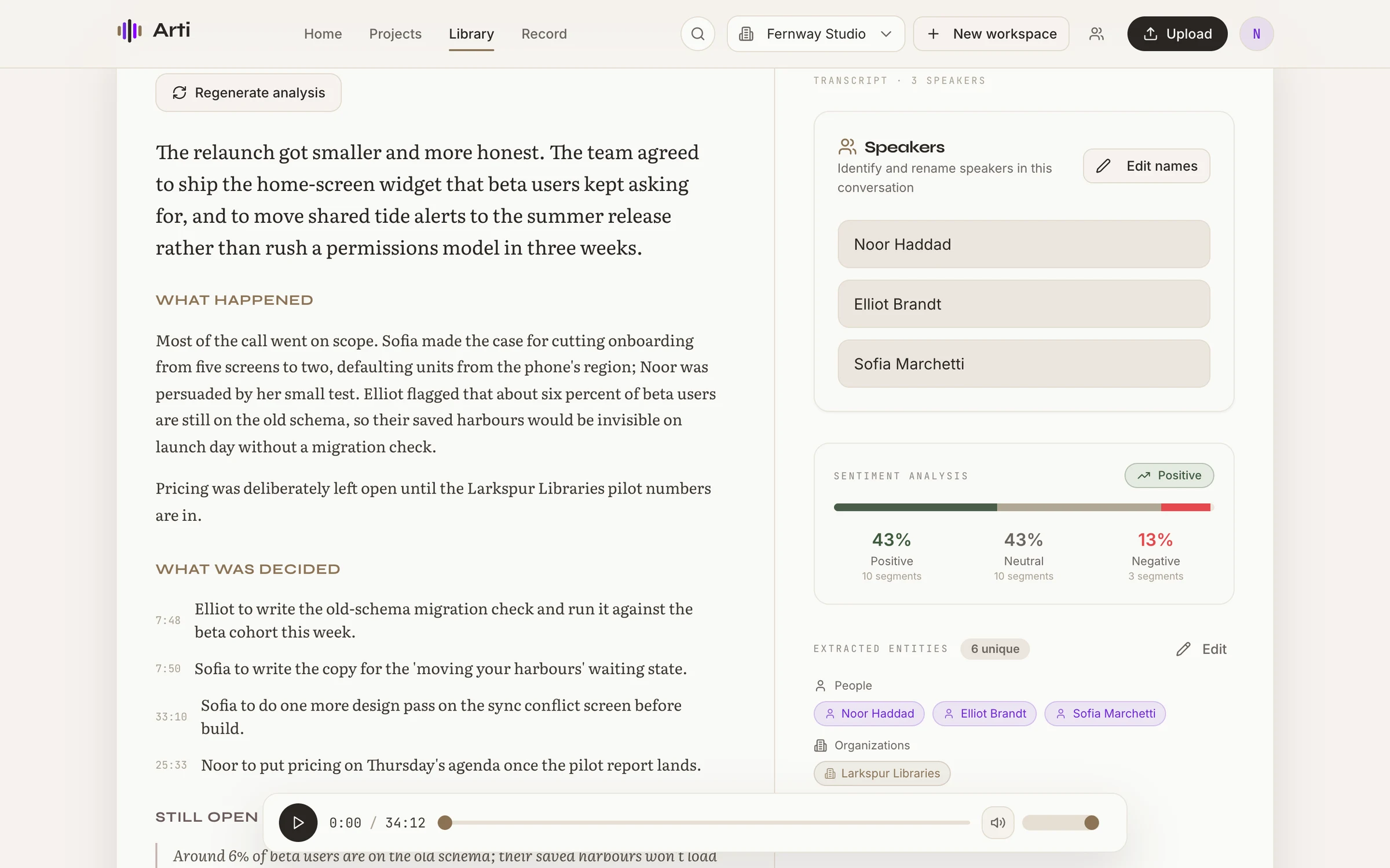 Arti conversation page for 'Relaunch scope: what we cut, and why'. The left column opens with a serif summary paragraph, then 'What happened' and 'What was decided' sections listing four timestamped action items with named owners. The right column shows the transcript panel with three named speakers, a sentiment bar (43% positive, 43% neutral, 13% negative), and extracted entities. An audio player floats at the bottom.
