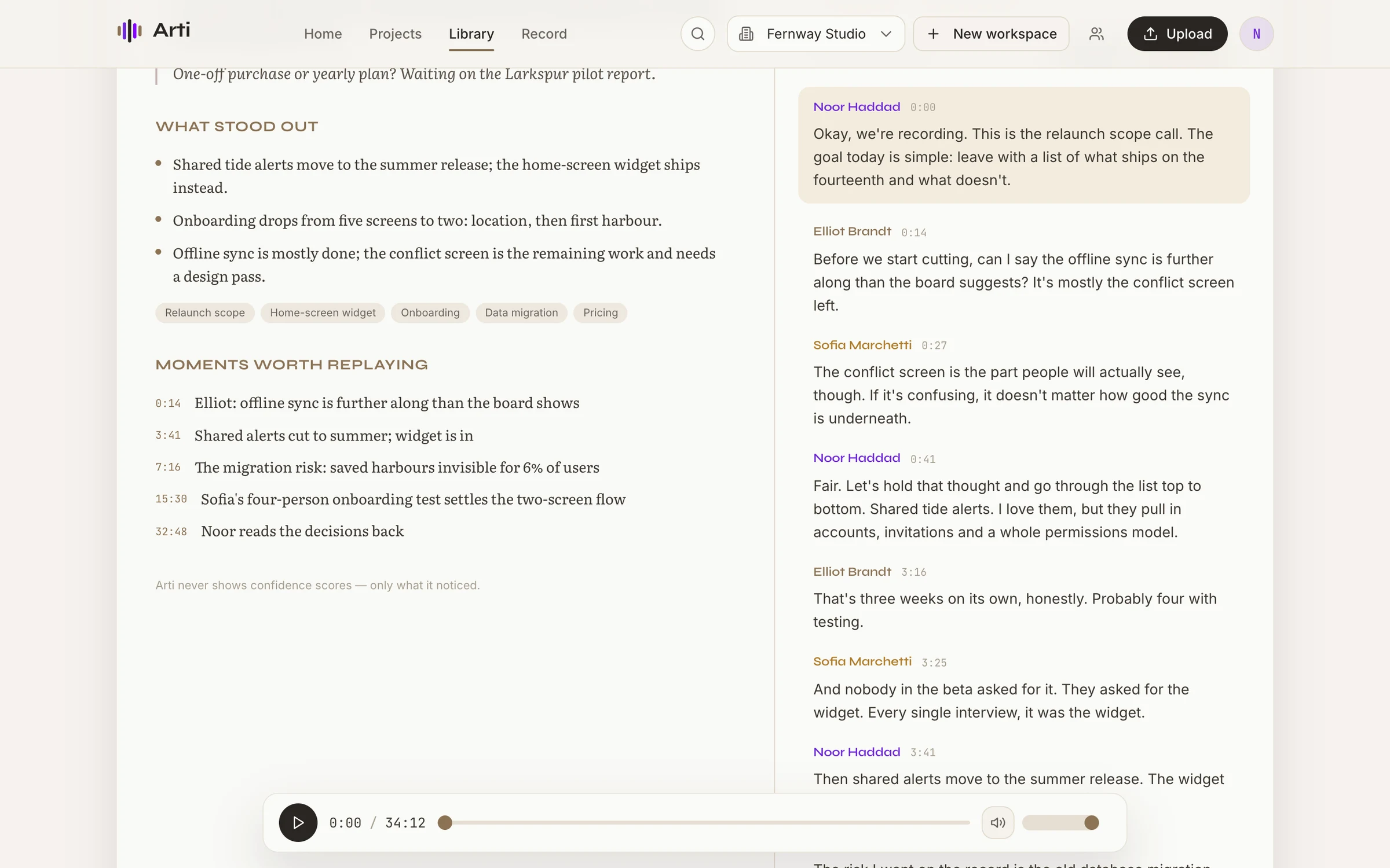 Lower on the same conversation page. The left column lists 'What stood out' bullet points, topic chips, and 'Moments worth replaying' with five timestamps from 0:14 to 32:48. The right column shows the transcript, with each turn labelled by speaker name in its own colour and a timestamp.