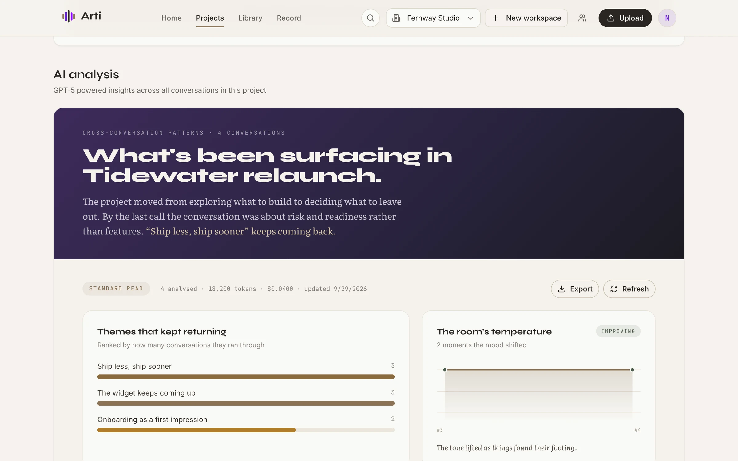 Project page for 'Tidewater relaunch' showing cross-conversation analysis. A deep purple banner reads 'What's been surfacing in Tidewater relaunch.' above a short narrative. Below it are 'Themes that kept returning' with ranked bars and 'The room's temperature' with a small trend chart marked Improving.