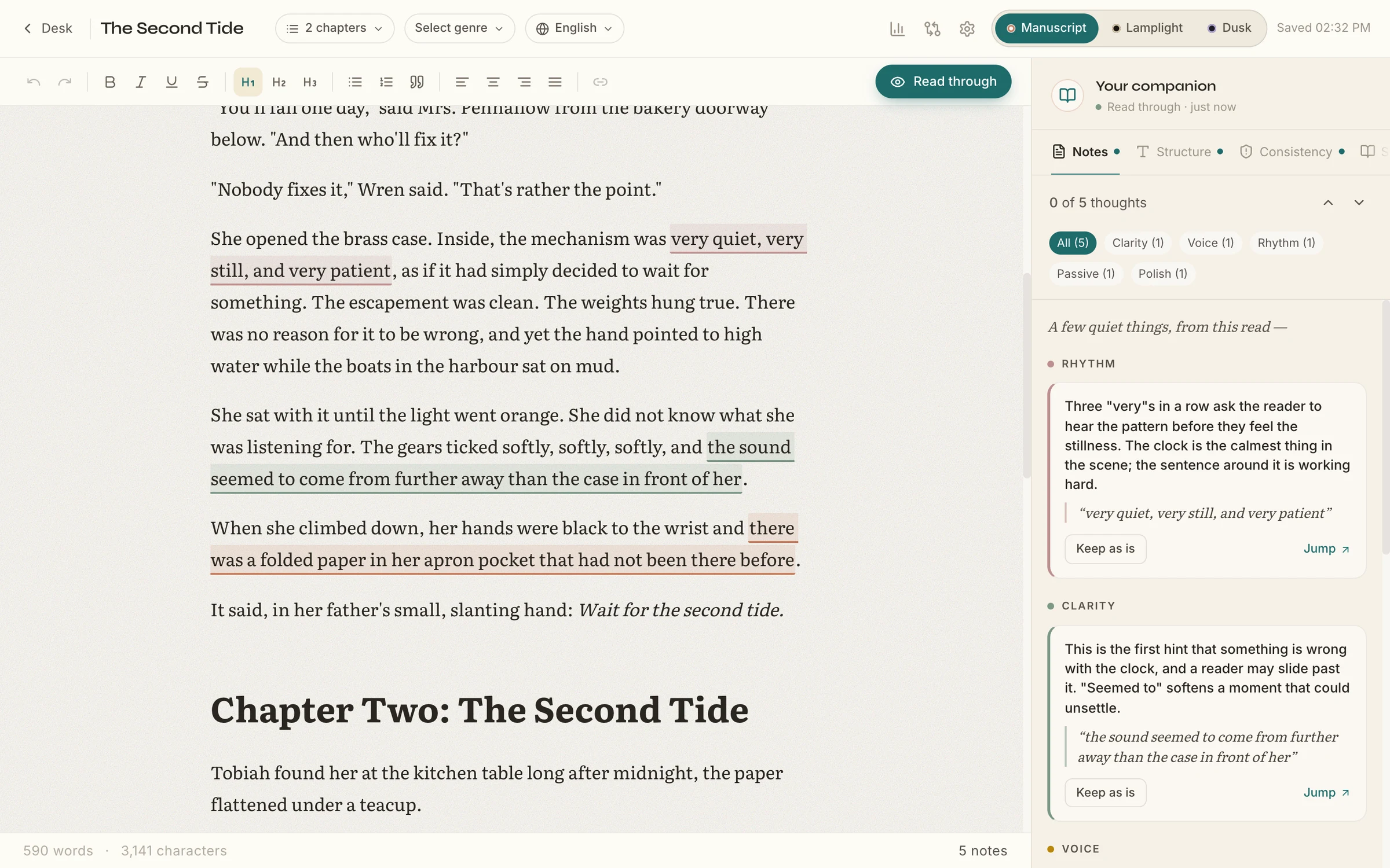 Writer Companion editor in the light Manuscript theme. A two-chapter story, 'The Second Tide', fills the page in a serif typeface. Three passages are underlined in soft colours, and a margin panel titled 'A few quiet things, from this read' lists notes such as 'Rhythm' and 'Clarity', each quoting the passage and offering 'Keep as is' and 'Jump'. The text itself is unchanged.