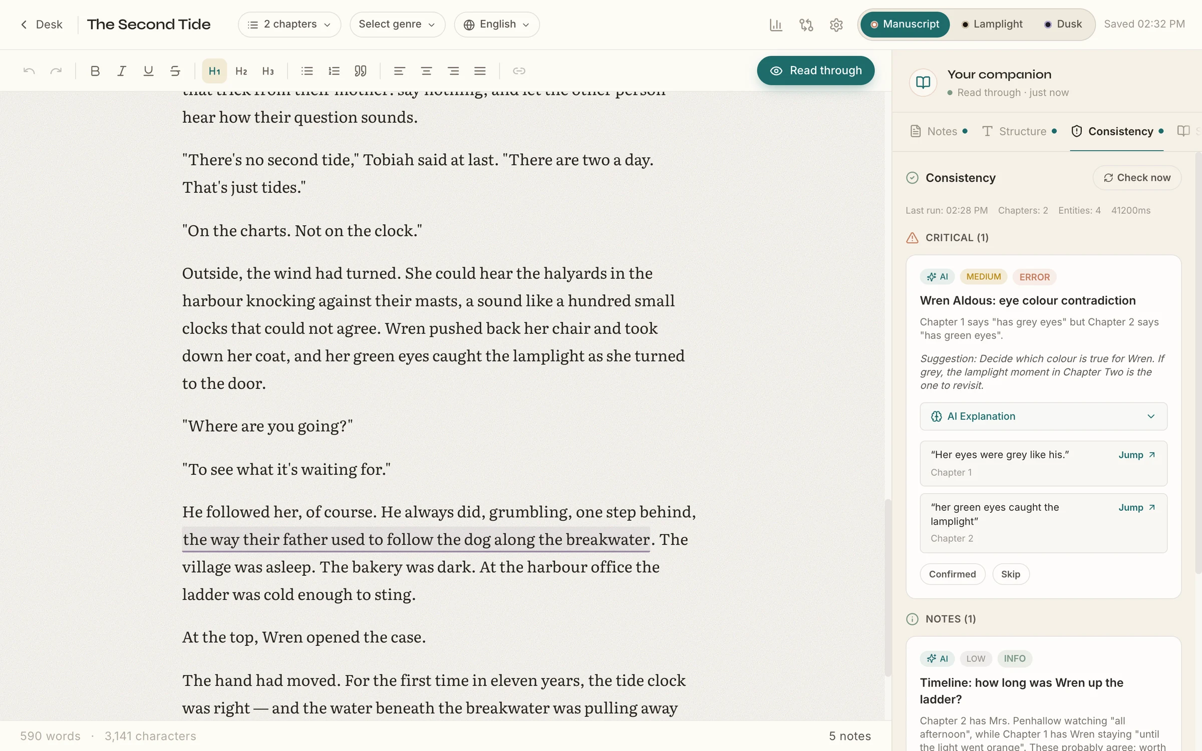 Writer Companion editor scrolled to Chapter Two, with the Consistency panel open. A critical card reads 'Wren Aldous: eye colour contradiction', explaining that Chapter 1 says grey eyes and Chapter 2 says green, with a medium-confidence badge, a suggestion, and both quotes linked by Jump buttons. A low-confidence timeline note appears below.