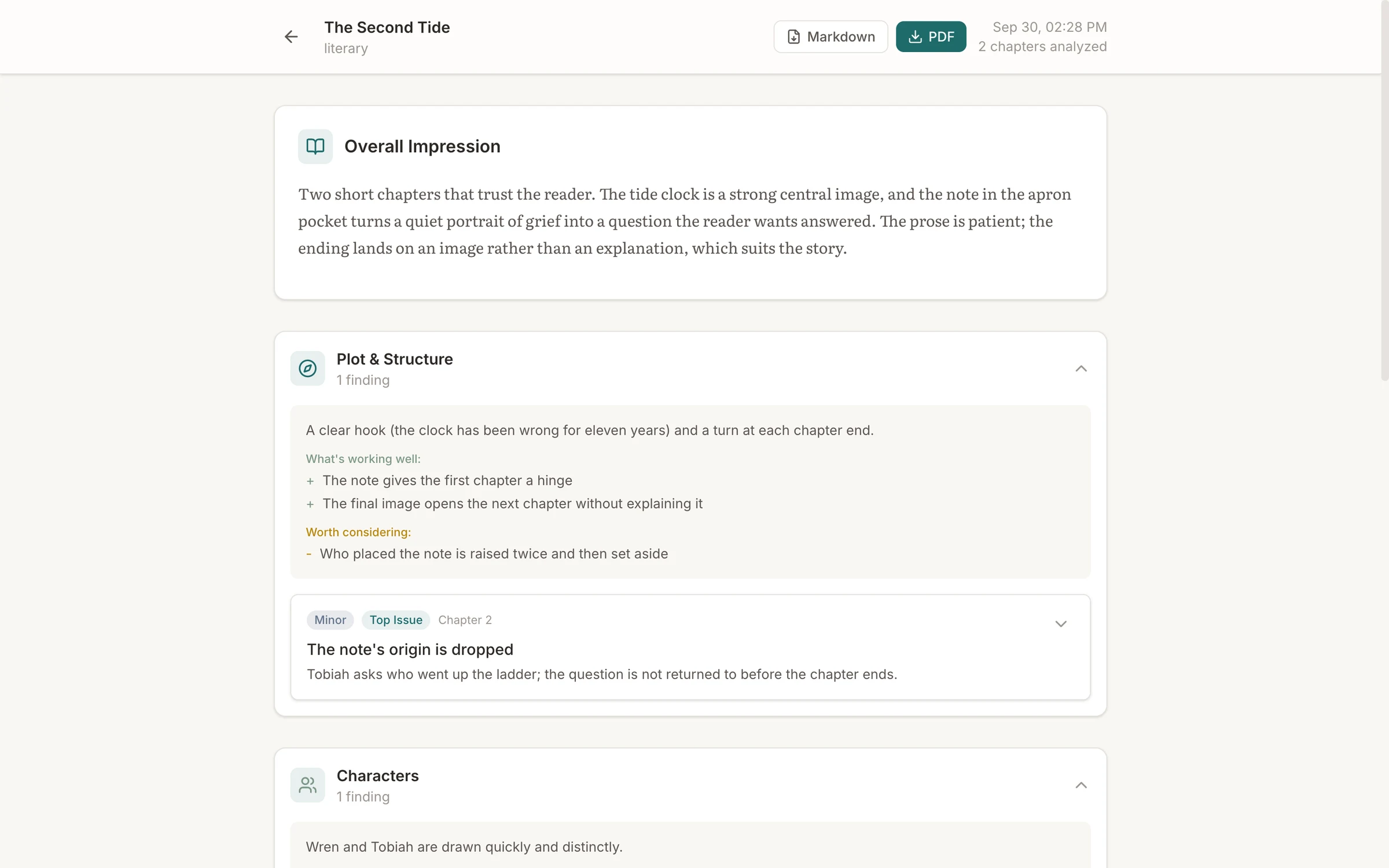 Beta reader report page for 'The Second Tide'. An 'Overall Impression' card with a paragraph of serif prose sits above a 'Plot & Structure' section listing what is working well, one point worth considering, and a finding card marked 'Minor' and 'Top Issue' titled 'The note's origin is dropped'. Markdown and PDF export buttons are at the top.