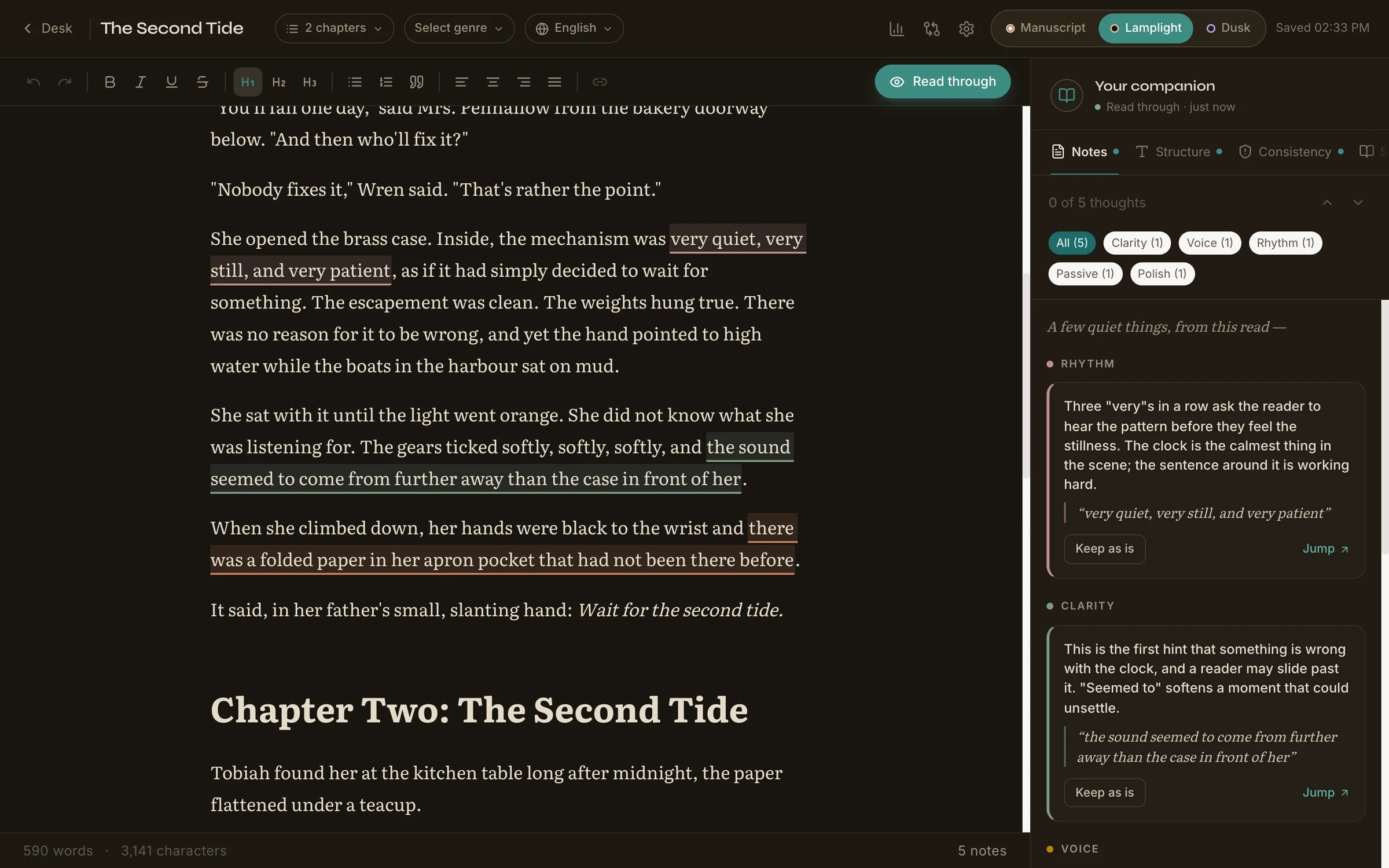 The same editor view as the first image in the dark Lamplight theme: warm off-white text on a near-black page, with underlined passages and the margin notes panel on the right.